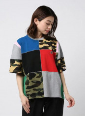 Patchwork Pattern Crew Neck T-Shirt Grey/Red/Black