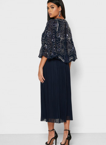 Embellished Sleeve Plisse Dress Navy
