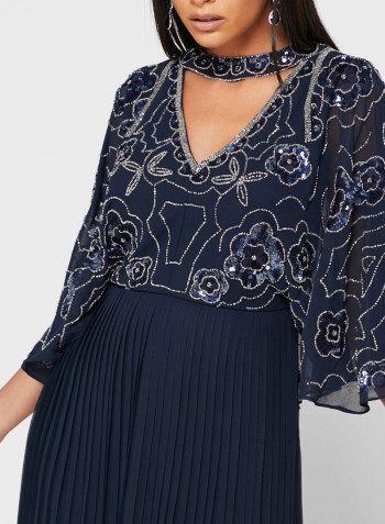 Embellished Sleeve Plisse Dress Navy