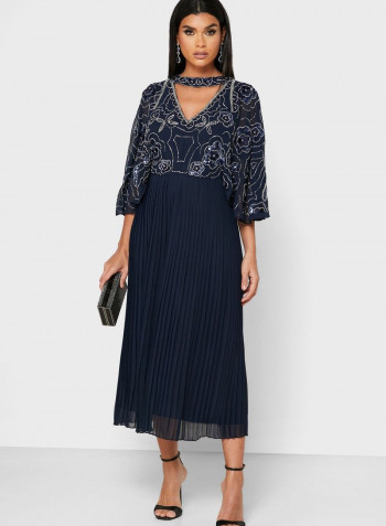 Embellished Sleeve Plisse Dress Navy