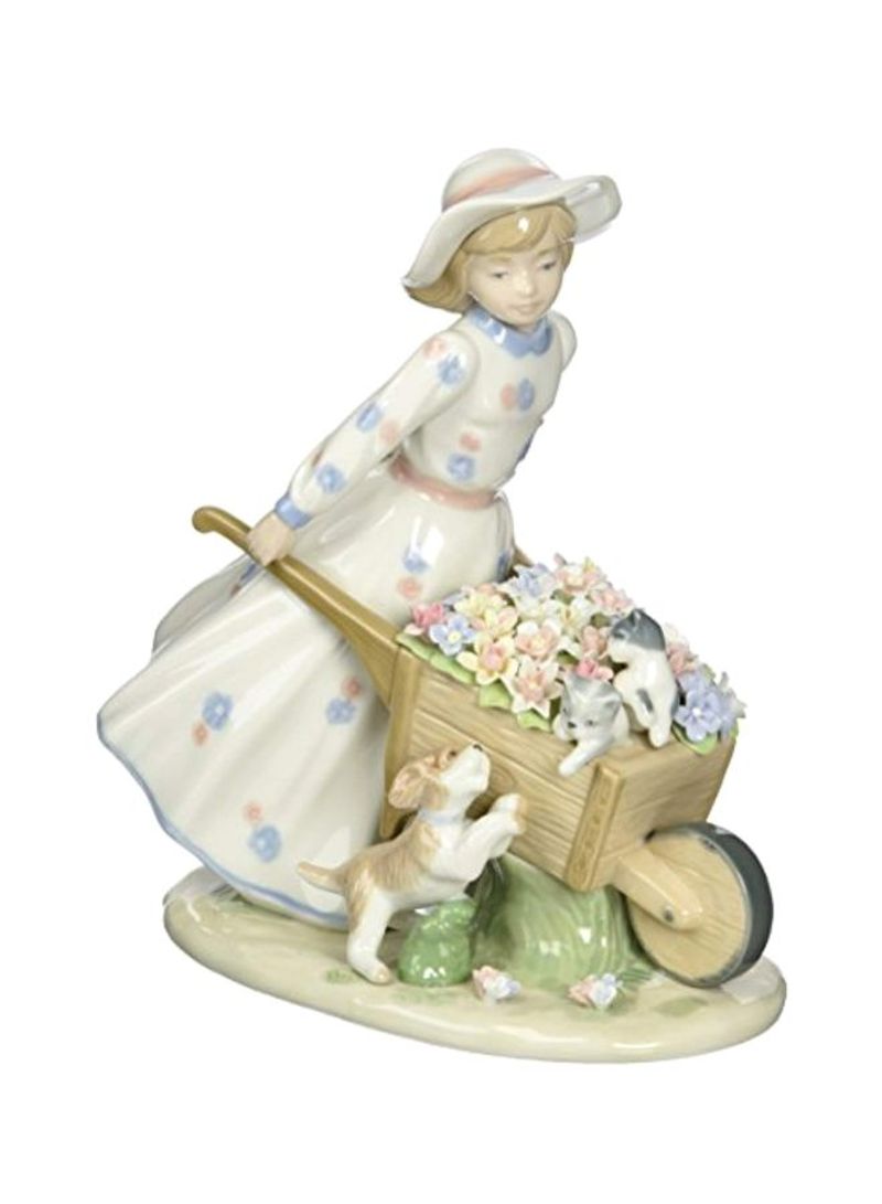 Girl With Flower Wagon Ceramic Figurine White/Green/Beige 9inch