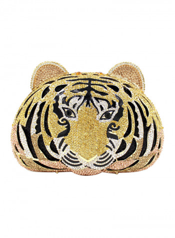 Tiger Head Hollow Out Crystal Metal Bag Gold