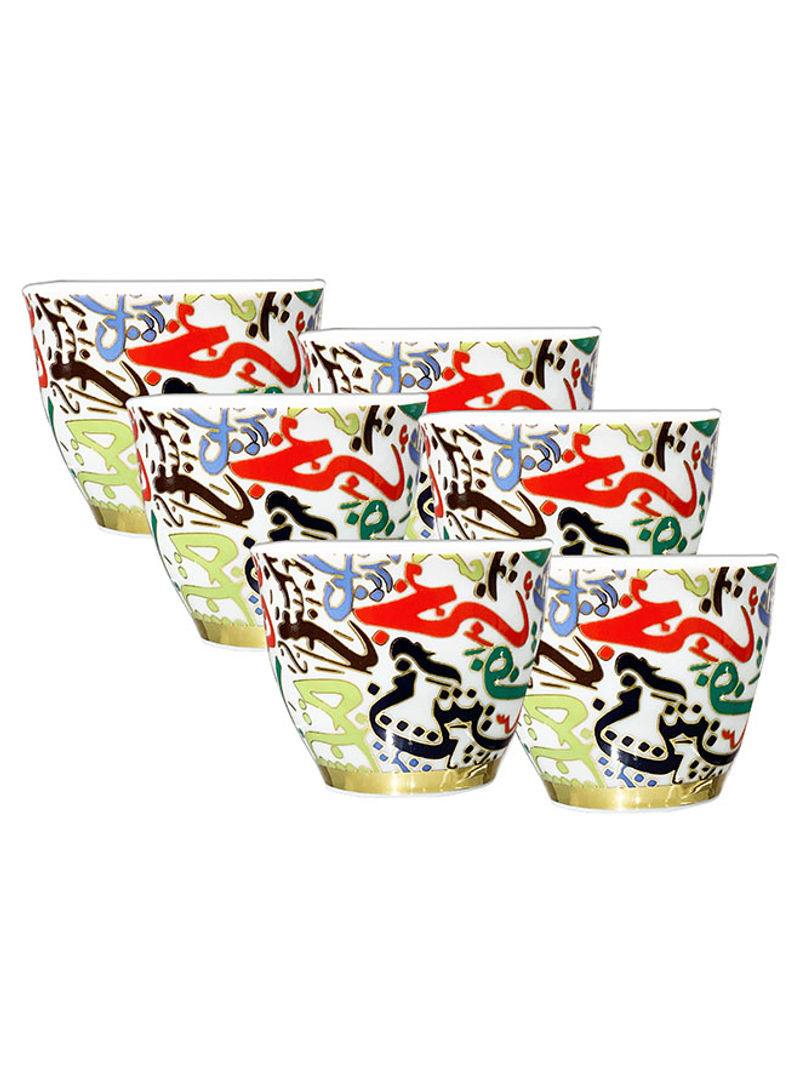 6-Piece Arabic Letter Printed Tea Cup Set Multicolour 5.5cm