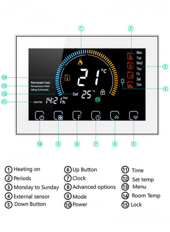95-240V Programmable Thermostat Six Periods LCD  Touchscreen Black/White