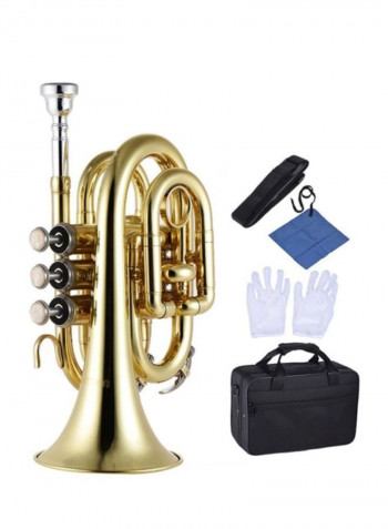 Mini Pocket Trumpet Bb Flat Brass Wind Instrument with Mouthpiece Gloves Cleaning Cloth Carrying Case