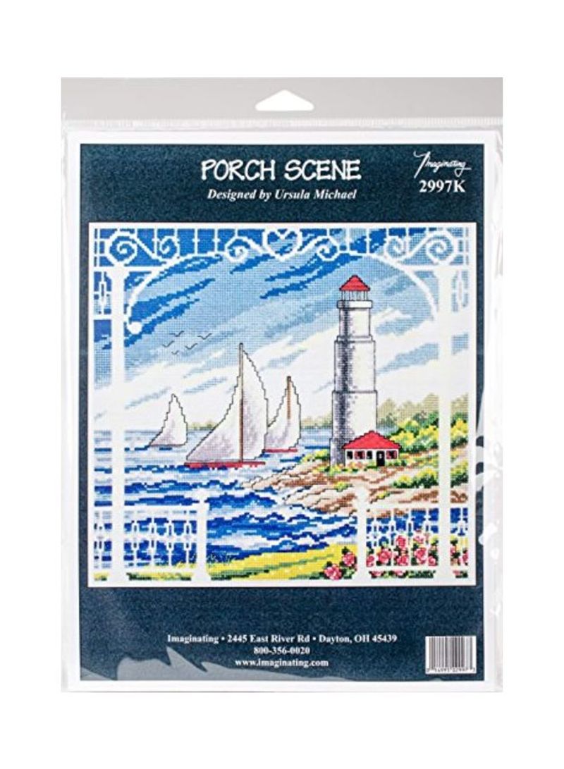 Porch Scene Counted Cross Stitch Kit White/Blue/Red