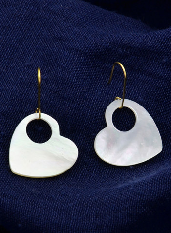 18 Karat Gold Heart With Hole Mother Of Pearl Dangle Earrings