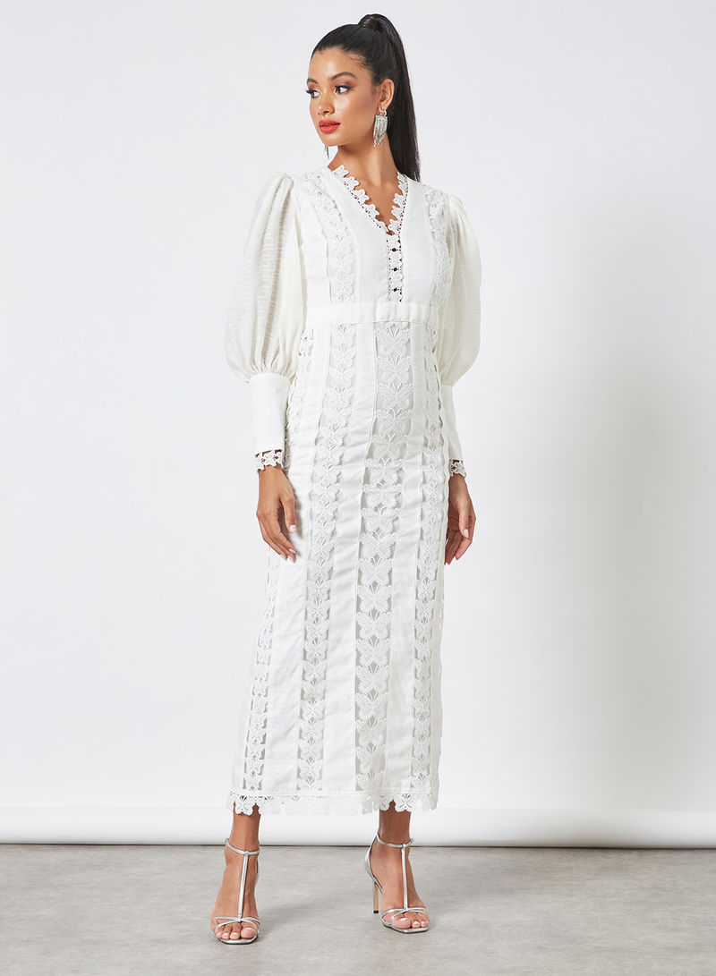 Butterfly Lace Panel Dress Off White