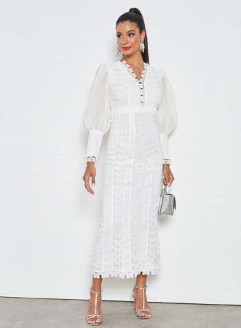 Butterfly Lace Panel Dress Off White
