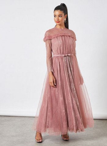 Mesh Overlay Lace Dress Pink