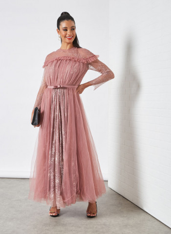 Mesh Overlay Lace Dress Pink