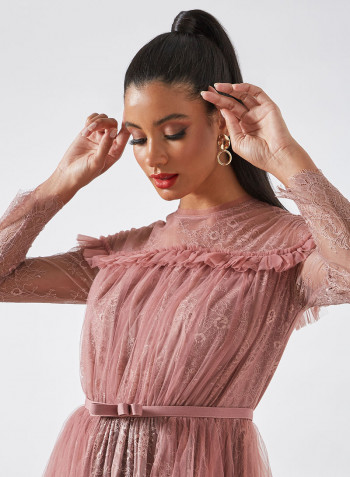 Mesh Overlay Lace Dress Pink