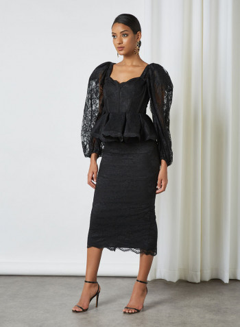 Exaggerated Sleeve Peplum Lace Dress Black