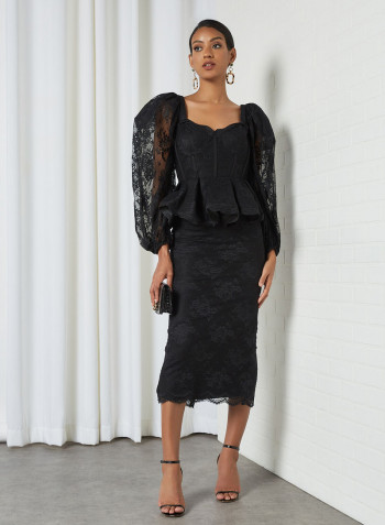 Exaggerated Sleeve Peplum Lace Dress Black