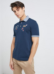 Half Sleeve Casual Embroidary T-Shirt Navy Blue