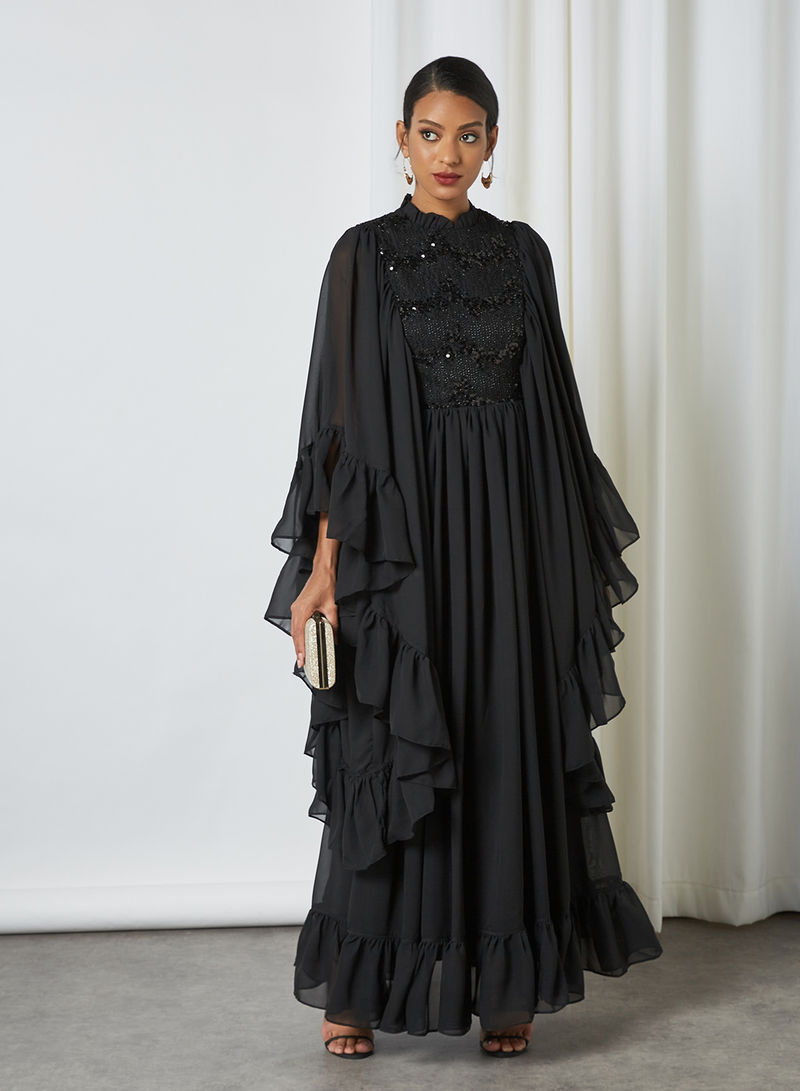 Embellished Bodice Wide Sleeve Dress Black