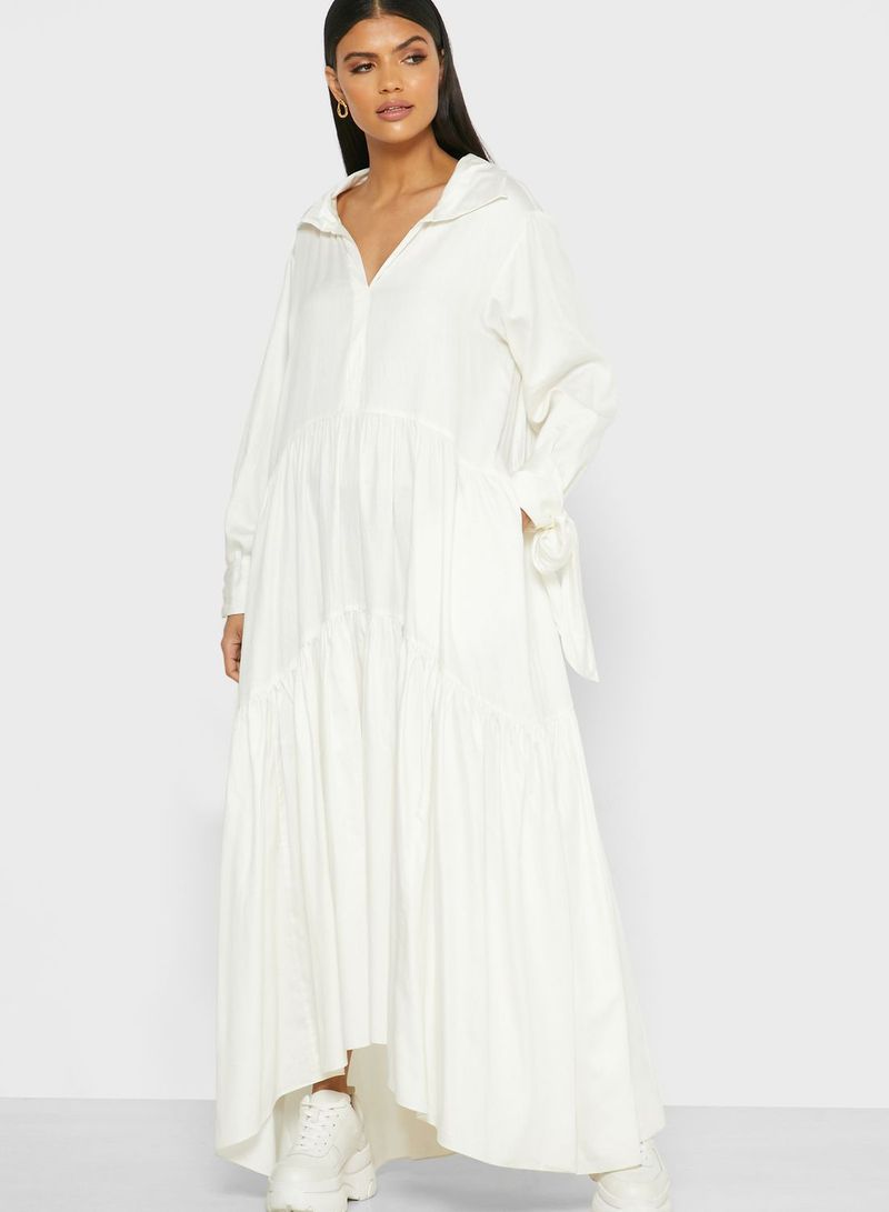 Tiered Long Sleeve Maxi Dress White