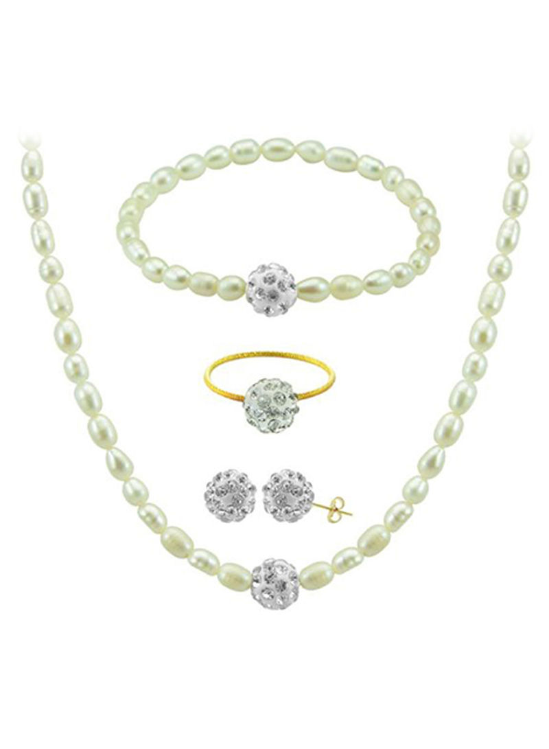 18 Karat Gold Crystal Balls And Pearls Strand Jewelry Set