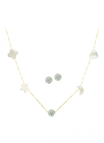 Set of 2 18 Karat  Gold Gradual Built In Mother Of Pearl And Crystal Ball Necklace and Earrings