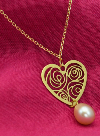 18 Karat Solid Yellow Gold Heart With 7 mm Drop Pearl Chain Bracelet