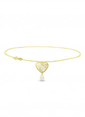 18 Karat Solid Yellow Gold Heart With 7 mm Drop Pearl Chain Bracelet