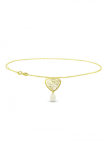 18 Karat Solid Yellow Gold Heart With 7 mm Drop Pearl Chain Bracelet