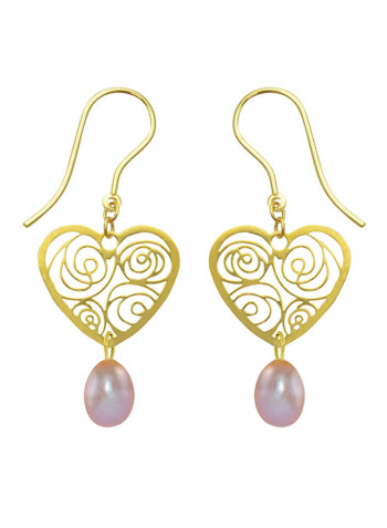 18 Karat Solid Yellow Gold Heart With 7 mm Drop Pearl Earrings