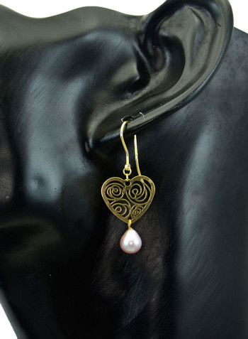 18 Karat Solid Yellow Gold Heart With 7 mm Drop Pearl Earrings