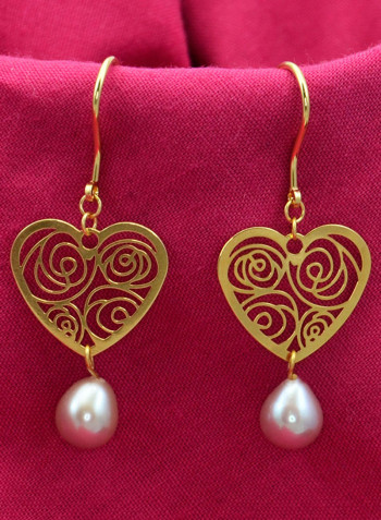 18 Karat Solid Yellow Gold Heart With 7 mm Drop Pearl Earrings