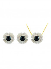 Set of 2 18 Karat Gold Mother Of Pearl Flower Design With Pearl Necklace and Earrings