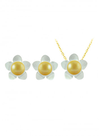 Set of 2 18 Karat Gold Mother Of Pearl Flower Design With Pearl Necklace and Earrings