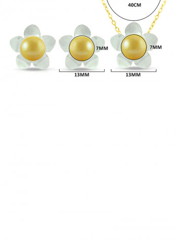 Set of 2 18 Karat Gold Mother Of Pearl Flower Design With Pearl Necklace and Earrings