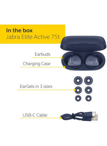 Jabra Elite Active 75t Earbuds - Active Noise Cancelling True Wireless Sports Earphones with Long Battery Life For Calls and Music - Navy