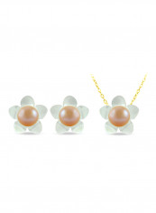 Set of 2 18 Karat Gold Mother Of Pearl Flower Design With Pearl Necklace and Earrings