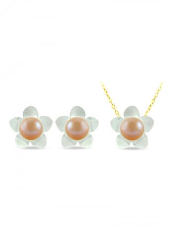 Set of 2 18 Karat Gold Mother Of Pearl Flower Design With Pearl Necklace and Earrings