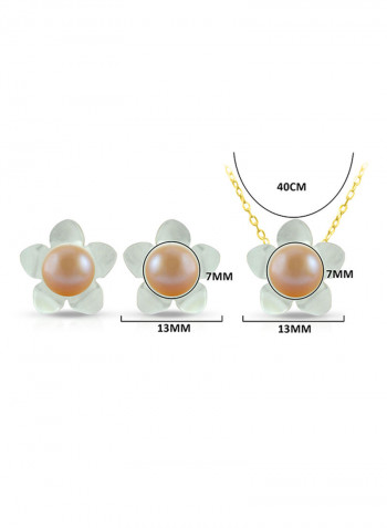 Set of 2 18 Karat Gold Mother Of Pearl Flower Design With Pearl Necklace and Earrings