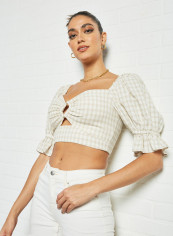 Checkered Puff Sleeve Crop Top Ecru reviews Checkered Puff Sleeve Crop Top Ecru