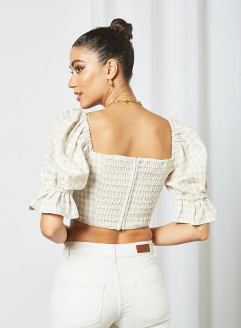 Checkered Puff Sleeve Crop Top Ecru