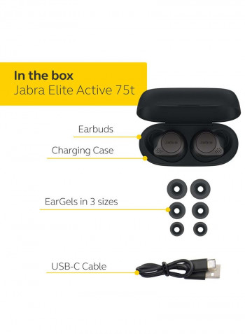 Jabra Elite Active 75t Earbuds - Active Noise Cancelling True Wireless Sports Earphones with Long Battery Life for Calls and Music - Titanium Black