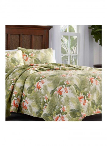 3-Piece Orchid Printed Quilt Set Green/White/Pink King
