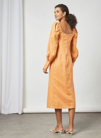 Shirred Detail Midi Dress Orange