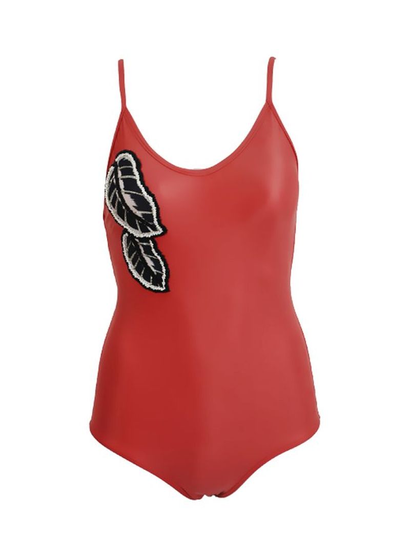 Leaf Embroidered Swimsuit Red/Black