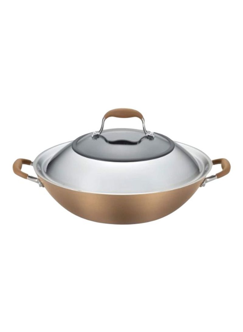 Nonstick Stir Fry Wok Pan With Lid Bronze Brown 14inch