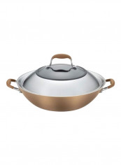 Nonstick Stir Fry Wok Pan With Lid Bronze Brown 14inch