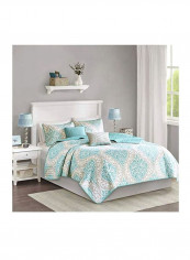 5-Piece Damask Printed Coverlet Set Polyester Aqua/White