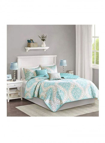 5-Piece Damask Printed Coverlet Set Polyester Aqua/White