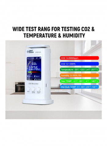 LCD CO2 Carbon Dioxide Tester Multi-functional  Quality Detector  USB Rechargeable CO2 Meter Temperature Humidity Monitor 80000 Groups Data Logger Air Analyzer White 19.50*9.00*11.50cm