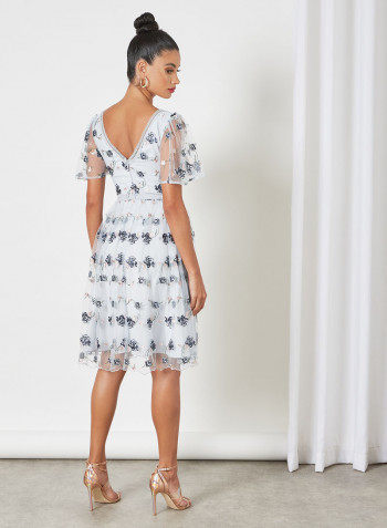 Embroidered Floral Lace Detail Dress Blue/White