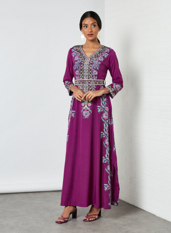 Persian Print Embellished Dress Wine