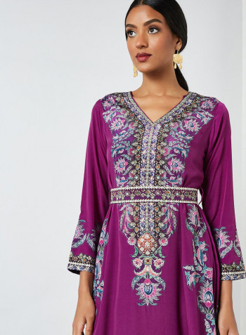 Persian Print Embellished Dress Wine